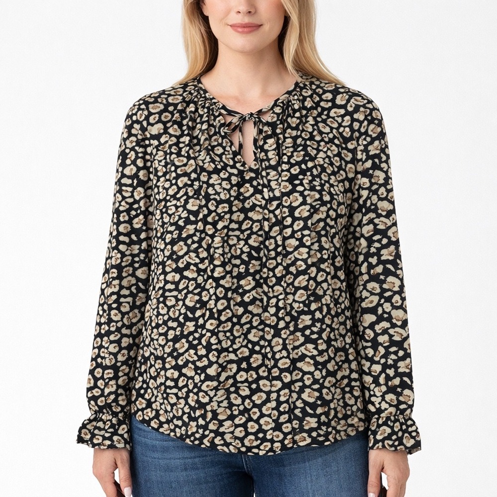 Womens Leopard Print V-Neck Tie Blouse Long Sleeve Ruffle Cuff Black Tan Large
